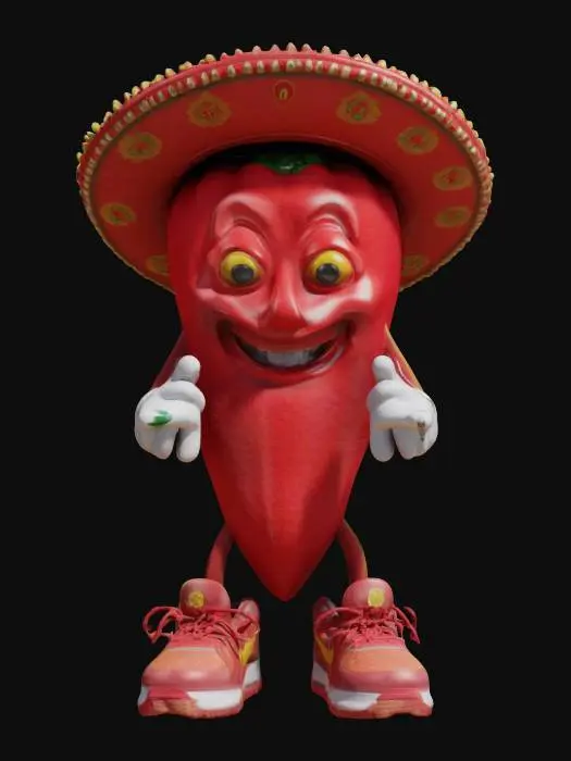3D model for Mexican humanoid red chili pepper with sombrero on head, white gloves and red air max nike. decorated with detailed mexican emblems. ultra high quality
