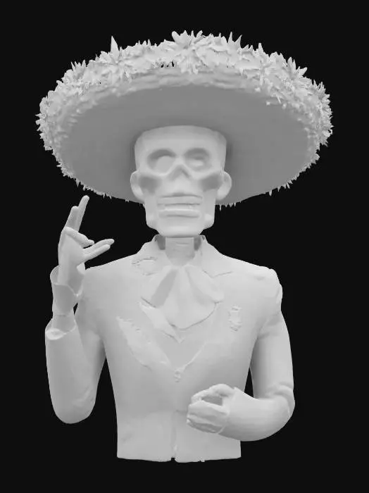 3D model for Highly detailed and accurate 3d model of Mexican skeleton with colorful floral sombrero, charro mariachi suit. Character T-pose, with intricate, colorful floral and vine patterns, characterized by mostly smooth texture interspersed with detailed, raised decorations.