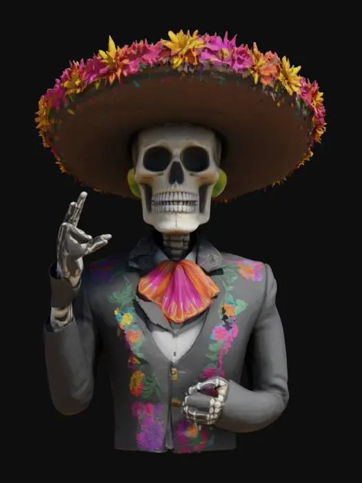 3D model for Highly detailed and accurate 3d model of Mexican skeleton with colorful floral sombrero, charro mariachi suit. Character T-pose, with intricate, colorful floral and vine patterns, characterized by mostly smooth texture interspersed with detailed, raised decorations.