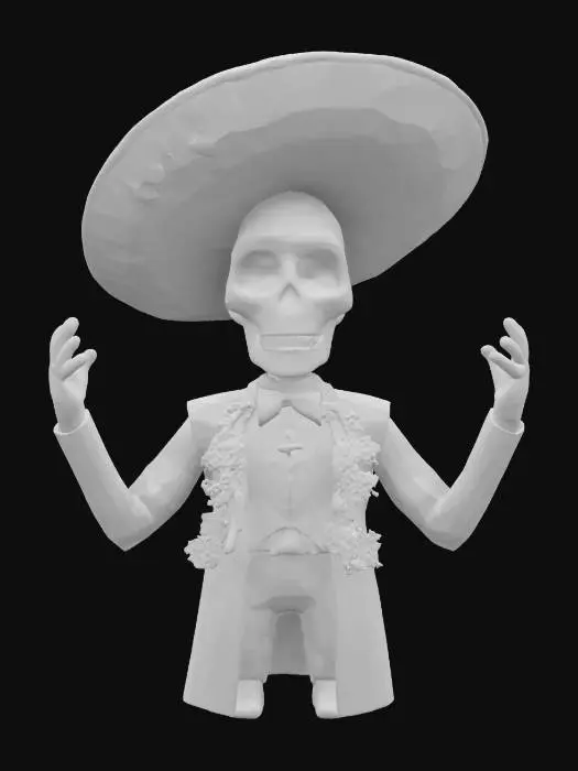3D model for Mexican skeleton with colorful floral sombrero, charro mariachi suit. T-pose character, with intricate, colorful floral and vine patterns, characterized by mostly smooth texture interspersed with detailed, raised decorations.