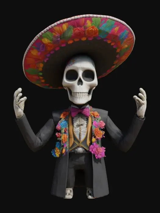 3D model for Mexican skeleton with colorful floral sombrero, charro mariachi suit. T-pose character, with intricate, colorful floral and vine patterns, characterized by mostly smooth texture interspersed with detailed, raised decorations.