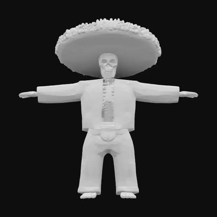 3D model for Highly detailed and accurate 3d model of Mexican skeleton with colorful floral sombrero, charro mariachi suit. Character T-pose, with intricate, colorful floral and vine patterns, characterized by mostly smooth texture interspersed with detailed, raised decorations.
