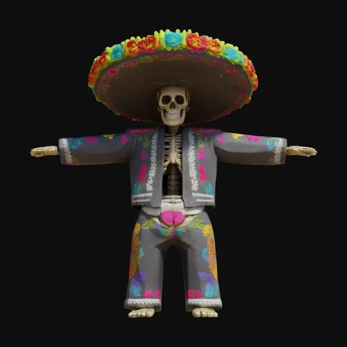 3D model for Highly detailed and accurate 3d model of Mexican skeleton with colorful floral sombrero, charro mariachi suit. Character T-pose, with intricate, colorful floral and vine patterns, characterized by mostly smooth texture interspersed with detailed, raised decorations.