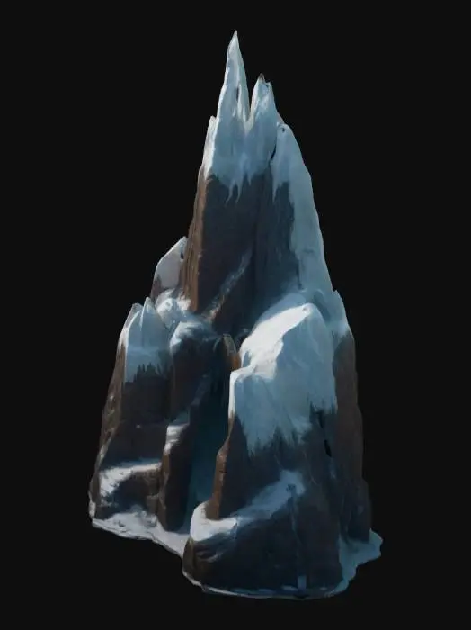 3D model for A pointed iceberg. Windswept from the harsh blizzards. It has multiple spikes sticking out and It reaches out and towers over the land. Styled like Assassins creed Valhalla