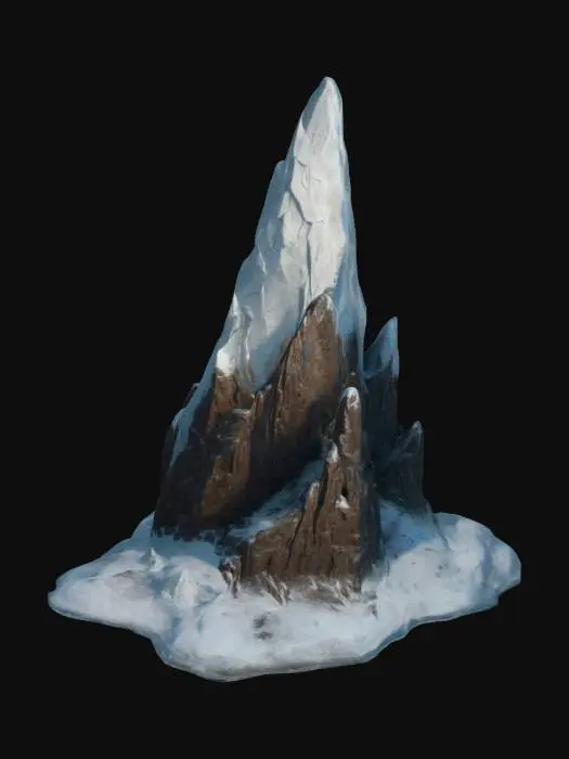 3D model for A pointed iceberg. Windswept from the harsh blizzards. It has multiple spikes sticking out and It reaches out and towers over the land. Styled like Assassins creed Valhalla