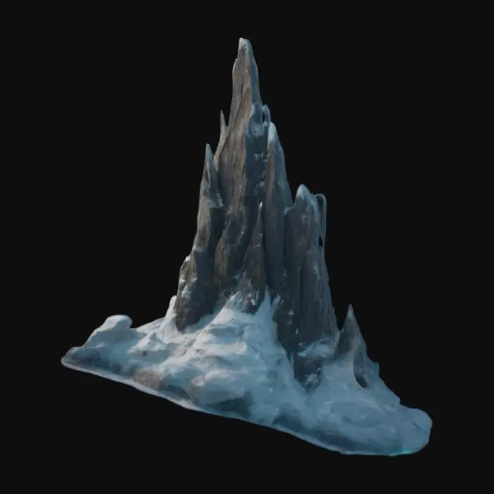 3D model for A pointed iceberg. Windswept from the harsh blizzards. It has multiple spikes sticking out and It reaches out and towers over the land. Styled like Assassins creed Valhalla