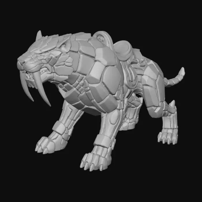 3D model for A Saber tooth Canine mount. It is made of rock all connected to the body with magic like a stone golem would be. Dark colors with blue energy in the crevices. Ultra detailed, AAA Quality game