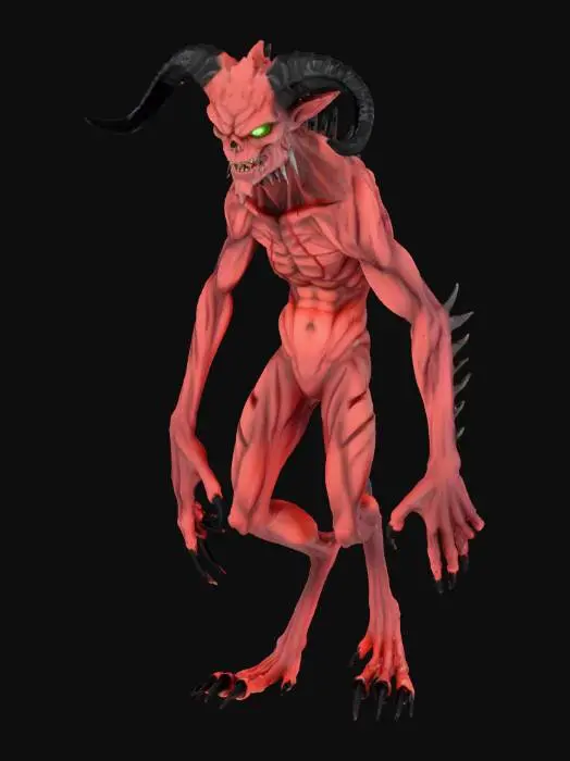 3D model for A dark fantasy Imp with AAA graphics, featuring leathery, scarred crimson skin stretched over gaunt, angular limbs. Its structure includes sharply curved obsidian horns and jagged claws. The skin texture reveals subtle scaly patterns and an oily sheen, while its eyes glow with an ominous, sickly green light, emphasizing a menacing, ancient evil aesthetic with hyper-realistic detail.