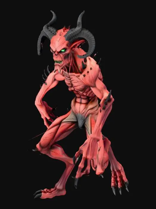 3D model for A dark fantasy Imp with AAA graphics, featuring leathery, scarred crimson skin stretched over gaunt, angular limbs. Its structure includes sharply curved obsidian horns and jagged claws. The skin texture reveals subtle scaly patterns and an oily sheen, while its eyes glow with an ominous, sickly green light, emphasizing a menacing, ancient evil aesthetic with hyper-realistic detail.