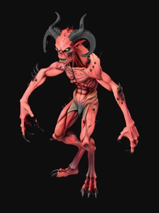 3D model for A dark fantasy Imp with AAA graphics, featuring leathery, scarred crimson skin stretched over gaunt, angular limbs. Its structure includes sharply curved obsidian horns and jagged claws. The skin texture reveals subtle scaly patterns and an oily sheen, while its eyes glow with an ominous, sickly green light, emphasizing a menacing, ancient evil aesthetic with hyper-realistic detail.