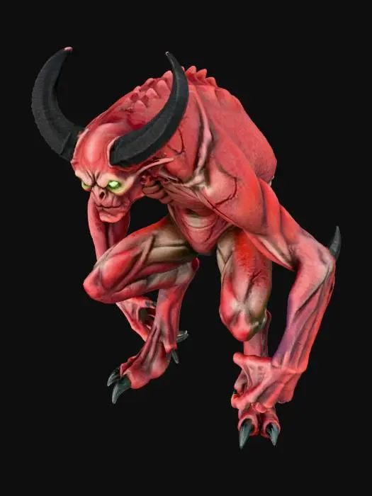 3D model for A dark fantasy Imp with AAA graphics, featuring leathery, scarred crimson skin stretched over gaunt, angular limbs. Its structure includes sharply curved obsidian horns and jagged claws. The skin texture reveals subtle scaly patterns and an oily sheen, while its eyes glow with an ominous, sickly green light, emphasizing a menacing, ancient evil aesthetic with hyper-realistic detail.