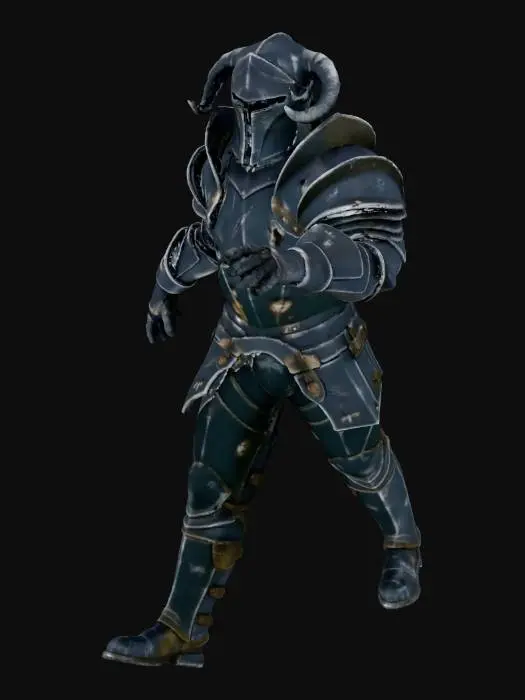 3D model for A formidable medieval black knight rendered with AAA graphics, encased in ancient, heavy wrought iron armor. Its color is a deep, matte obsidian black, subtly scarred and pitted from countless battles. The structure is imposing, with broad, intimidating pauldrons and a menacing, horned helmet. The material conveys immense weight, and its texture is rough and tarnished, absorbing light to create a truly ominous, historical dark fantasy aesthetic.