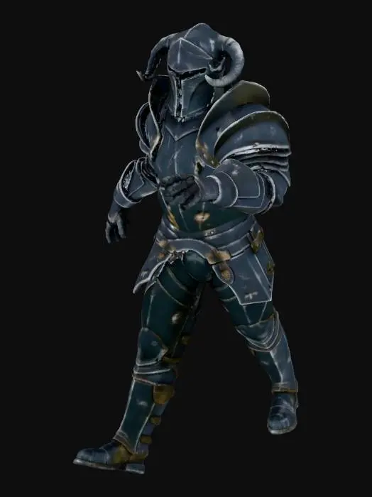 3D model for A formidable medieval black knight rendered with AAA graphics, encased in ancient, heavy wrought iron armor. Its color is a deep, matte obsidian black, subtly scarred and pitted from countless battles. The structure is imposing, with broad, intimidating pauldrons and a menacing, horned helmet. The material conveys immense weight, and its texture is rough and tarnished, absorbing light to create a truly ominous, historical dark fantasy aesthetic.