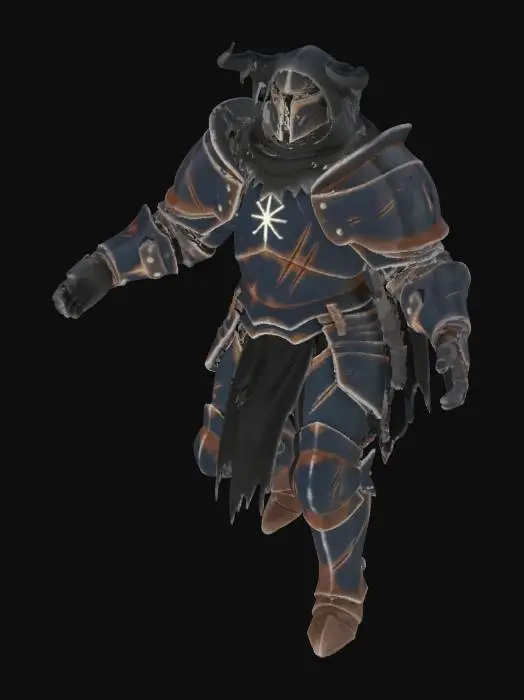 3D model for A formidable medieval black knight rendered with AAA graphics, encased in ancient, heavy wrought iron armor. Its color is a deep, matte obsidian black, subtly scarred and pitted from countless battles. The structure is imposing, with broad, intimidating pauldrons and a menacing, horned helmet. The material conveys immense weight, and its texture is rough and tarnished, absorbing light to create a truly ominous, historical dark fantasy aesthetic.