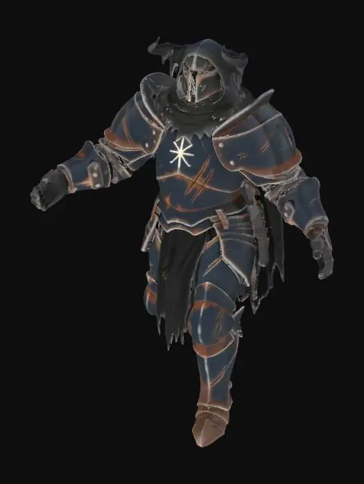 3D model for A formidable medieval black knight rendered with AAA graphics, encased in ancient, heavy wrought iron armor. Its color is a deep, matte obsidian black, subtly scarred and pitted from countless battles. The structure is imposing, with broad, intimidating pauldrons and a menacing, horned helmet. The material conveys immense weight, and its texture is rough and tarnished, absorbing light to create a truly ominous, historical dark fantasy aesthetic.