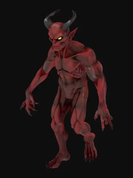 3D model for A dark fantasy Imp with AAA graphics, featuring leathery, scarred crimson skin stretched over gaunt, angular limbs. Its structure includes sharply curved obsidian horns and jagged claws. The skin texture reveals subtle scaly patterns and an oily sheen, while its eyes glow with an ominous, sickly green light, emphasizing a menacing, ancient evil aesthetic with hyper-realistic detail.