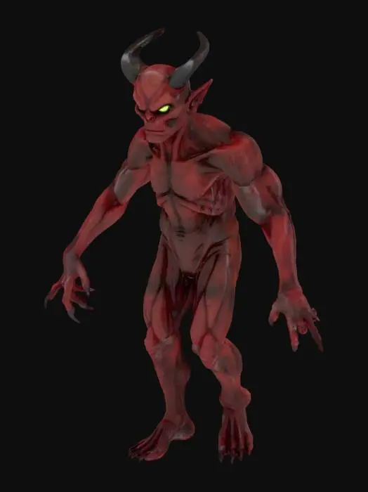 3D model for A dark fantasy Imp with AAA graphics, featuring leathery, scarred crimson skin stretched over gaunt, angular limbs. Its structure includes sharply curved obsidian horns and jagged claws. The skin texture reveals subtle scaly patterns and an oily sheen, while its eyes glow with an ominous, sickly green light, emphasizing a menacing, ancient evil aesthetic with hyper-realistic detail.