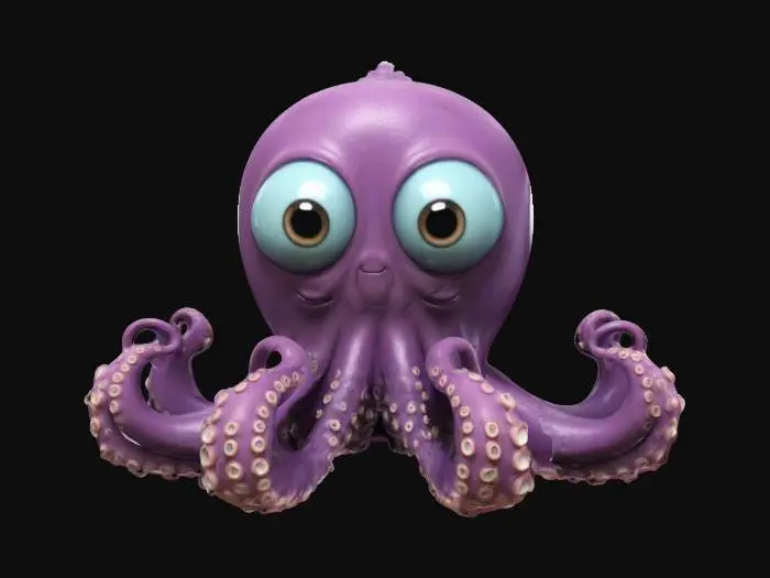 3D model for A cute, stylized 3D model of a small octopus with large eyes, a playful expression, and eight curly tentacles. The model should have a soft, cartoonish look, suitable for use in a friendly game environment. #cute #stylized #octopus #tentacles #cartoon #gameasset #no_text #no_human #no_face