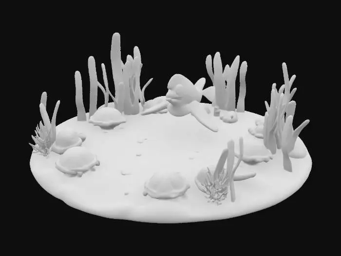 3D model for stylized underwater diorama, cartoon dolphin with big friendly eyes swimming among four cute sea turtles, rounded shells and soft shapes, clear tropical water, soft caustic light beams from above, smooth sandy ocean floor, playful marine animals, warm sunlight filtering through waves, simplified forms, fantasy ocean ambience, no clutter, clean printable mesh, watertight sculpt, unified base platform with wavy edge, symmetrical composition, #ocean#