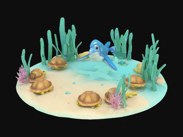 3D model for stylized underwater diorama, cartoon dolphin with big friendly eyes swimming among four cute sea turtles, rounded shells and soft shapes, clear tropical water, soft caustic light beams from above, smooth sandy ocean floor, playful marine animals, warm sunlight filtering through waves, simplified forms, fantasy ocean ambience, no clutter, clean printable mesh, watertight sculpt, unified base platform with wavy edge, symmetrical composition, #ocean#
