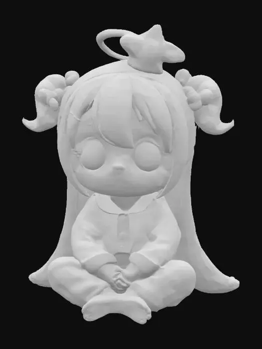 3D model for dreamy loli anime character in magical pajama outfit, holding a plush star, large eyes, halo floating above head, sitting cross-legged (moe style figure) [pastel palette, sleepy theme, toy-like finish] #moe #animefigure #stylizedgirl #3dprint