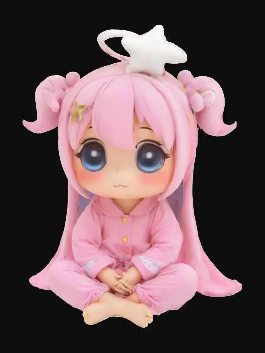 3D model for dreamy loli anime character in magical pajama outfit, holding a plush star, large eyes, halo floating above head, sitting cross-legged (moe style figure) [pastel palette, sleepy theme, toy-like finish] #moe #animefigure #stylizedgirl #3dprint