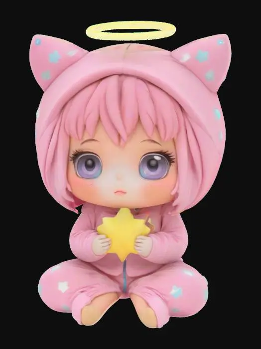 3D model for dreamy loli anime character in magical pajama outfit, holding a plush star, large eyes, halo floating above head, sitting cross-legged (moe style figure) [pastel palette, sleepy theme, toy-like finish] #moe #animefigure #stylizedgirl #3dprint