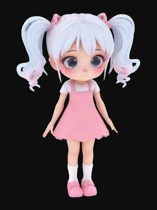 3D model for adorable anime girl in upright standing pose, soft symmetrical anime-style face with large expressive sparkling eyes, delicate nose and mouth, smooth clean facial features, gentle closed-mouth smile, cute pink blush on cheeks, well-balanced head-to-body ratio, slender body with smooth skin and clean stylized curves, five perfectly shaped fingers per hand in relaxed and natural pose, no deformities, no fused or missing fingers, clean and anatomically correct slender feet with five visible toes, symmetrical posture, detailed pastel twin tails hairstyle with clean bangs, high-detail sculpt with elegant lines, no distortions, figure scale 1/7, optimized for 3d print (moe anime figure) #animefigure #moe #3dprint #stylizedgirl #cleananatomy #nofacewarp #nofusedfingers #pastelskin