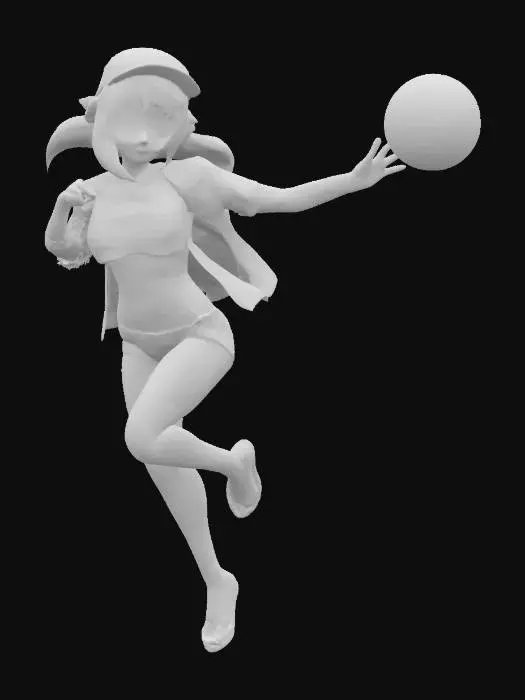 3D model for lively anime girl in striped bikini, clear plastic jacket, sailor cap, beach ball accessory, jumping pose (anime bishoujo figure) [sunny colors, water play theme, dynamic sculpt] #animefigure #beachgirl #3dprint