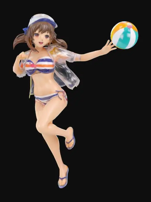 3D model for lively anime girl in striped bikini, clear plastic jacket, sailor cap, beach ball accessory, jumping pose (anime bishoujo figure) [sunny colors, water play theme, dynamic sculpt] #animefigure #beachgirl #3dprint