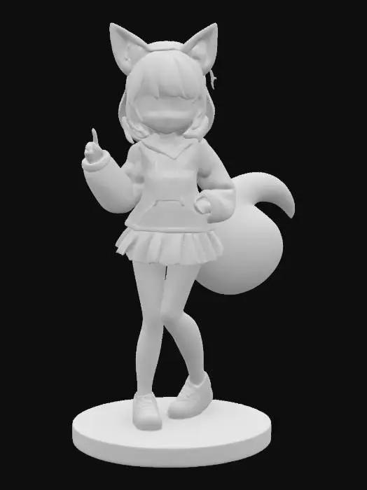 3D model for cheeky anime girl in short hoodie and striped thigh highs, fox tail and ears, wide grin, standing with one leg raised (stylized anime figurine) [bishoujo, nendoroid-inspired, vivid pose] #stylizedgirl #kawaii #moe #3dprint
