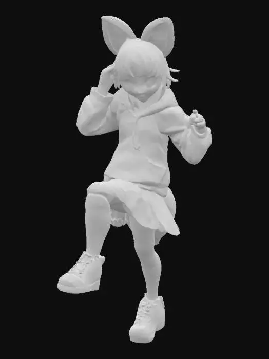 3D model for cheeky anime girl in short hoodie and striped thigh highs, fox tail and ears, wide grin, standing with one leg raised (stylized anime figurine) [bishoujo, nendoroid-inspired, vivid pose] #stylizedgirl #kawaii #moe #3dprint