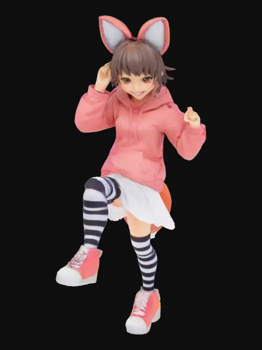 3D model for cheeky anime girl in short hoodie and striped thigh highs, fox tail and ears, wide grin, standing with one leg raised (stylized anime figurine) [bishoujo, nendoroid-inspired, vivid pose] #stylizedgirl #kawaii #moe #3dprint