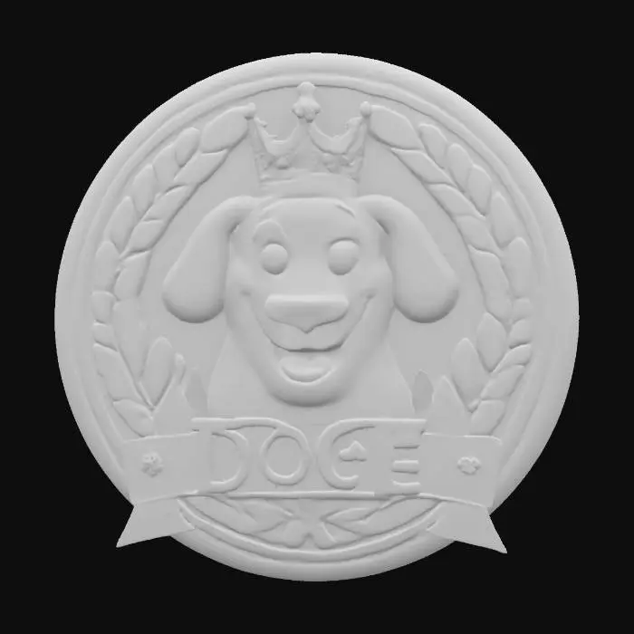 3D model for official satirical golden emblem from the fictional DOGE agency (Department of Outstanding Greatness & Excellence), featuring a majestic stylized dog head in the center, cartoonishly serious expression, surrounded by symmetrical stars and laurel wreaths, bold banner below engraved with “Mitarbeiter des Monats”, oversized crown floating above, round medal shape with military-grade design elements, polished base with gold sparkles, high-detail comic relief style, symmetrical layout, clean relief surface, flat back for mounting or printing, award design in parody government style [satirical, stylized, badge, embossed, gold, meme agency] #doge #satire #3dprint #awarddesign #fictionalgovernment , #emblem#
