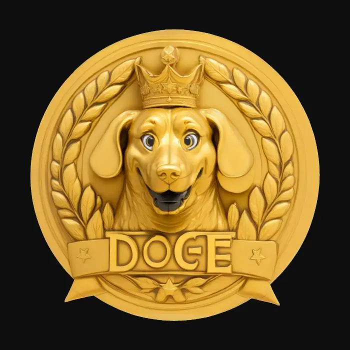 3D model for official satirical golden emblem from the fictional DOGE agency (Department of Outstanding Greatness & Excellence), featuring a majestic stylized dog head in the center, cartoonishly serious expression, surrounded by symmetrical stars and laurel wreaths, bold banner below engraved with “Mitarbeiter des Monats”, oversized crown floating above, round medal shape with military-grade design elements, polished base with gold sparkles, high-detail comic relief style, symmetrical layout, clean relief surface, flat back for mounting or printing, award design in parody government style [satirical, stylized, badge, embossed, gold, meme agency] #doge #satire #3dprint #awarddesign #fictionalgovernment , #emblem#