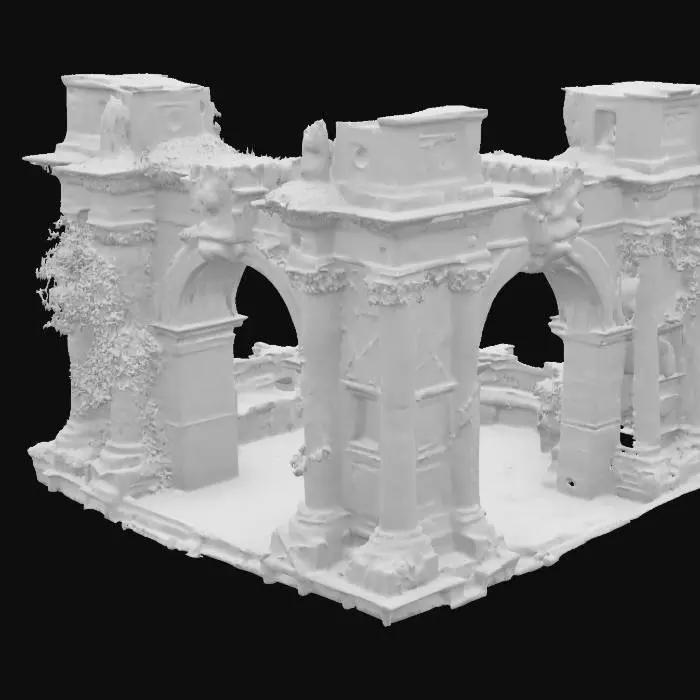 3D model for A majestic Roman arch, built in honor of a victorious emperor, now partially reclaimed by nature. The stone is worn but noble, covered with ivy and moss, with cracks showing centuries of decay. Ornate engravings still visible, flanked by broken statues and faded reliefs. Sunlight filters through the leaves above, casting dramatic shadows. Photorealistic materials, high-resolution textures, extremely detailed and sharp. Natural colors, professional lighting, cinematic angle., #arch#