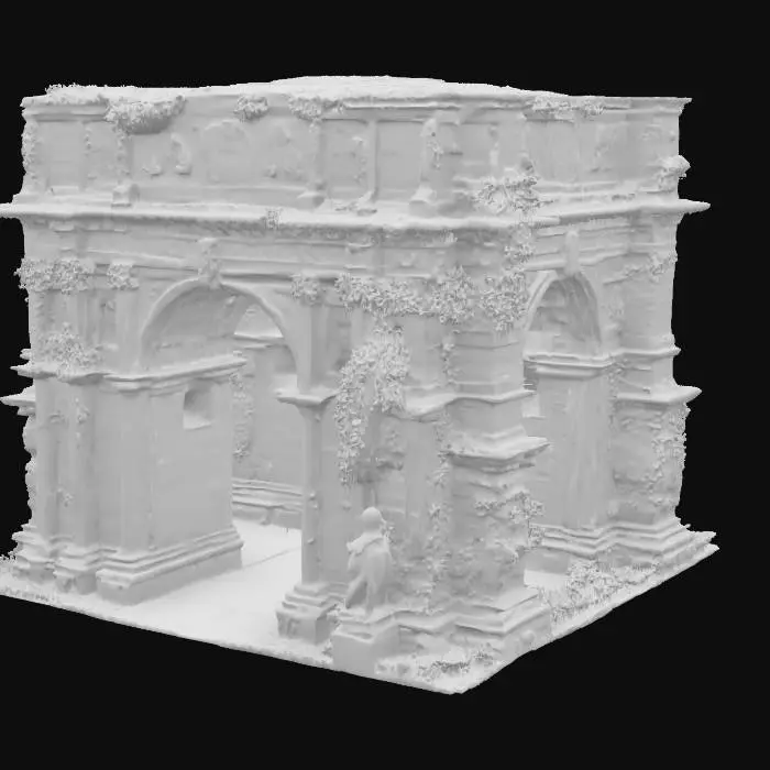 3D model for A majestic Roman arch, built in honor of a victorious emperor, now partially reclaimed by nature. The stone is worn but noble, covered with ivy and moss, with cracks showing centuries of decay. Ornate engravings still visible, flanked by broken statues and faded reliefs. Sunlight filters through the leaves above, casting dramatic shadows. Photorealistic materials, high-resolution textures, extremely detailed and sharp. Natural colors, professional lighting, cinematic angle., #arch#