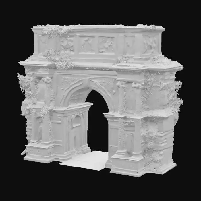3D model for A majestic Roman arch, built in honor of a victorious emperor, now partially reclaimed by nature. The stone is worn but noble, covered with ivy and moss, with cracks showing centuries of decay. Ornate engravings still visible, flanked by broken statues and faded reliefs. Sunlight filters through the leaves above, casting dramatic shadows. Photorealistic materials, high-resolution textures, extremely detailed and sharp. Natural colors, professional lighting, cinematic angle., #arch#