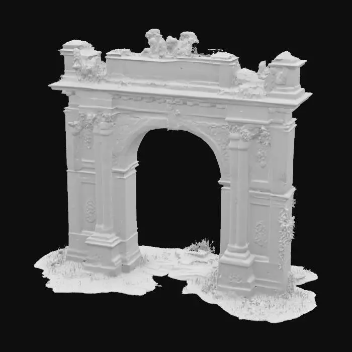 3D model for A majestic Roman arch, built in honor of a victorious emperor, now partially reclaimed by nature. The stone is worn but noble, covered with ivy and moss, with cracks showing centuries of decay. Ornate engravings still visible, flanked by broken statues and faded reliefs. Sunlight filters through the leaves above, casting dramatic shadows. Photorealistic materials, high-resolution textures, extremely detailed and sharp. Natural colors, professional lighting, cinematic angle., #arch#