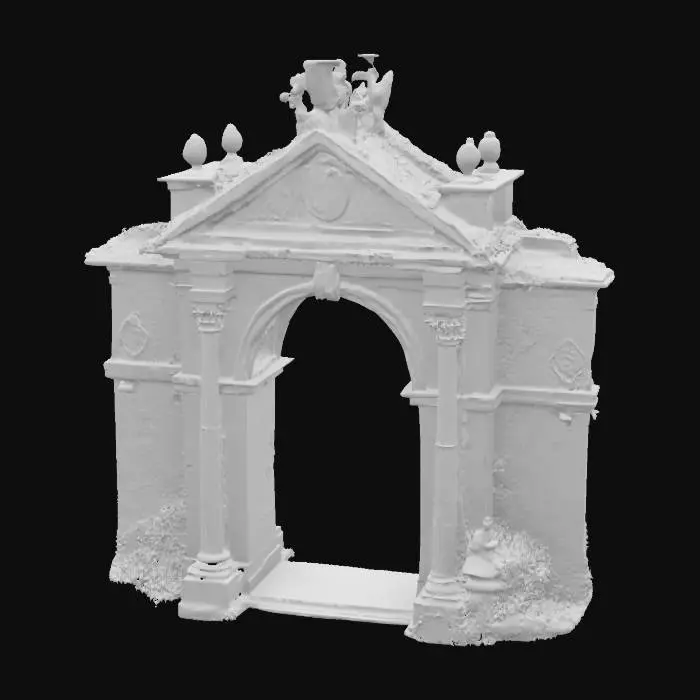 3D model for A majestic Roman arch, built in honor of a victorious emperor, now partially reclaimed by nature. The stone is worn but noble, covered with ivy and moss, with cracks showing centuries of decay. Ornate engravings still visible, flanked by broken statues and faded reliefs. Sunlight filters through the leaves above, casting dramatic shadows. Photorealistic materials, high-resolution textures, extremely detailed and sharp. Natural colors, professional lighting, cinematic angle., #arch#