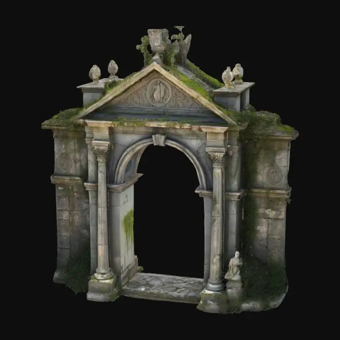 3D model for A majestic Roman arch, built in honor of a victorious emperor, now partially reclaimed by nature. The stone is worn but noble, covered with ivy and moss, with cracks showing centuries of decay. Ornate engravings still visible, flanked by broken statues and faded reliefs. Sunlight filters through the leaves above, casting dramatic shadows. Photorealistic materials, high-resolution textures, extremely detailed and sharp. Natural colors, professional lighting, cinematic angle., #arch#