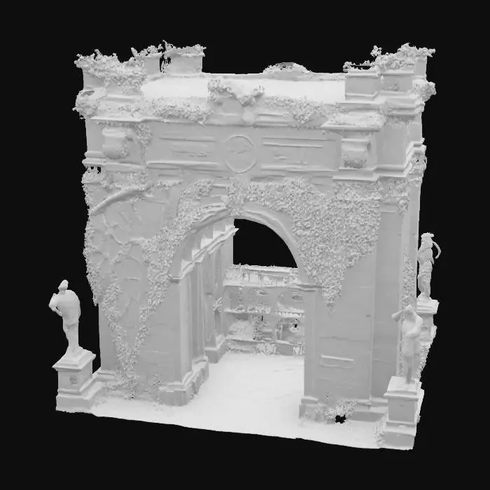 3D model for A majestic Roman arch, built in honor of a victorious emperor, now partially reclaimed by nature. The stone is worn but noble, covered with ivy and moss, with cracks showing centuries of decay. Ornate engravings still visible, flanked by broken statues and faded reliefs. Sunlight filters through the leaves above, casting dramatic shadows. Photorealistic materials, high-resolution textures, extremely detailed and sharp. Natural colors, professional lighting, cinematic angle., #arch#