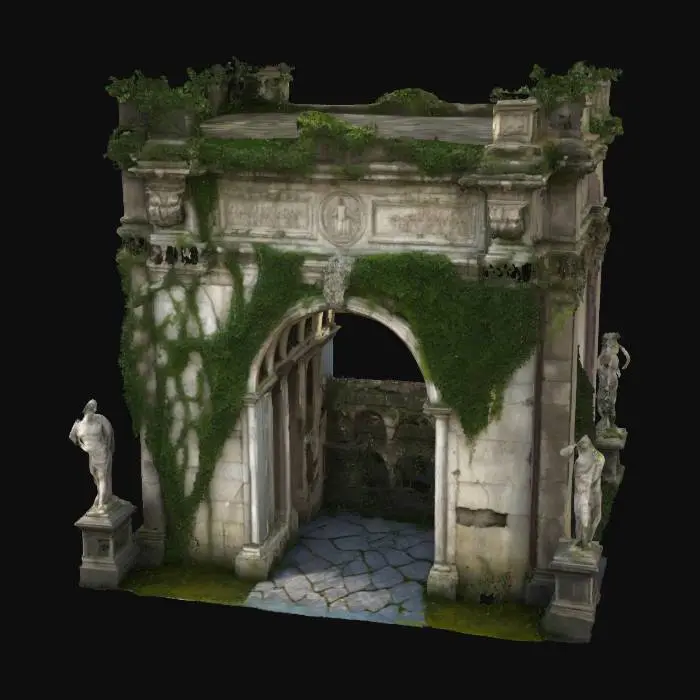3D model for A majestic Roman arch, built in honor of a victorious emperor, now partially reclaimed by nature. The stone is worn but noble, covered with ivy and moss, with cracks showing centuries of decay. Ornate engravings still visible, flanked by broken statues and faded reliefs. Sunlight filters through the leaves above, casting dramatic shadows. Photorealistic materials, high-resolution textures, extremely detailed and sharp. Natural colors, professional lighting, cinematic angle., #arch#