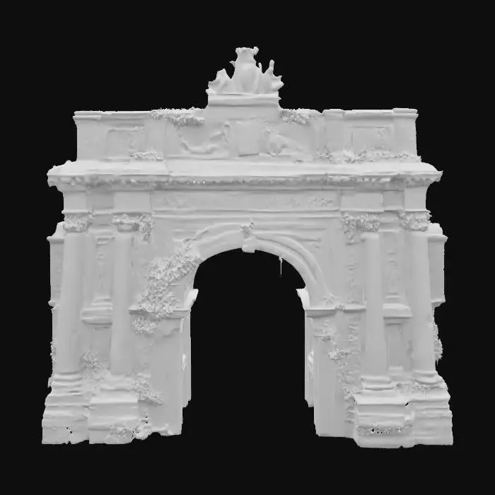 3D model for A majestic Roman arch, built in honor of a victorious emperor, now partially reclaimed by nature. The stone is worn but noble, covered with ivy and moss, with cracks showing centuries of decay. Ornate engravings still visible, flanked by broken statues and faded reliefs. Sunlight filters through the leaves above, casting dramatic shadows. Photorealistic materials, high-resolution textures, extremely detailed and sharp. Natural colors, professional lighting, cinematic angle., #arch#