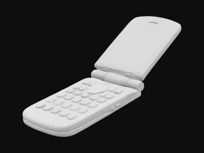 3D model for The object is a silver flip phone with a compact, curved shape, featuring a small external screen, a larger internal screen, and a keypad with tactile buttons.