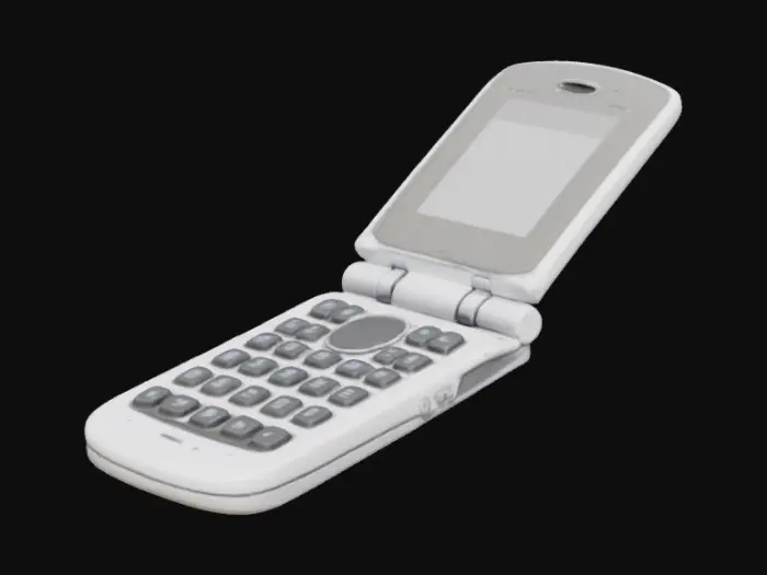 3D model for The object is a silver flip phone with a compact, curved shape, featuring a small external screen, a larger internal screen, and a keypad with tactile buttons.