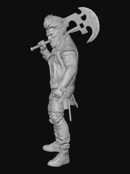 3D model for Şaheser, en yüksek kalite, son derece detaylı, vahşi saçlı ve sert bir ifadeye sahip kaslı bir barbar savaşçı, çıplak göğsünün üzerinde zımbalı deri ceket, yırtık asit yıkamalı kot pantolon ve yüksek bilekli spor ayakkabılar giymiş, neon ışıklı bir savaş baltası tutuyor, canlı neon tabelaların altında, kasvetli bir şehir sokağında duruyor, 80'ler retro-fütüristik estetiği, pembe ve mavi tonlarında synthwave renk paleti, dramatik düşük açılı çekim, güçlü kenar ışığıyla sinematik aydınlatma, dinamik poz, konsept sanat tarzı, 4K, Unreal Engine 5