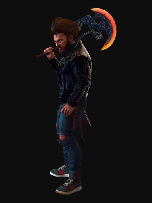 3D model for Şaheser, en yüksek kalite, son derece detaylı, vahşi saçlı ve sert bir ifadeye sahip kaslı bir barbar savaşçı, çıplak göğsünün üzerinde zımbalı deri ceket, yırtık asit yıkamalı kot pantolon ve yüksek bilekli spor ayakkabılar giymiş, neon ışıklı bir savaş baltası tutuyor, canlı neon tabelaların altında, kasvetli bir şehir sokağında duruyor, 80'ler retro-fütüristik estetiği, pembe ve mavi tonlarında synthwave renk paleti, dramatik düşük açılı çekim, güçlü kenar ışığıyla sinematik aydınlatma, dinamik poz, konsept sanat tarzı, 4K, Unreal Engine 5