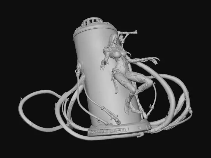 3D model for Final Fantasy VII , A very scary female monster, Jenova, presents with an ethereal presence, very pale skin, , starkly contrasted by angular, wild узорами in a cyber body suit. White, flowing hair floats around her head, and her eyes possess an evil, glowing luminescence. She is contained within a massive blue glass cylinder, its surface adorned with translucent air bubbles and water streaks. The cylinder has a massive, metallic bottom inscribed with "Jenova" and a thick lid featuring a vibrant LED light, connected by various robust cables and flexible hoses, epic, creative, dramatic, perfect, Insanely detailed, breathtaking, divine, celestial, elegant, dynamic, beautiful, dreams, Imaginarium, atmospheric, gentle, unusual,, #villain#