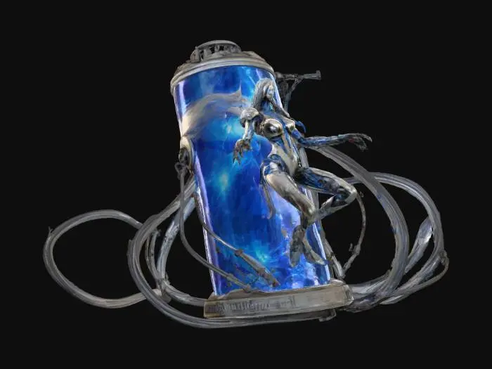 3D model for Final Fantasy VII , A very scary female monster, Jenova, presents with an ethereal presence, very pale skin, , starkly contrasted by angular, wild узорами in a cyber body suit. White, flowing hair floats around her head, and her eyes possess an evil, glowing luminescence. She is contained within a massive blue glass cylinder, its surface adorned with translucent air bubbles and water streaks. The cylinder has a massive, metallic bottom inscribed with "Jenova" and a thick lid featuring a vibrant LED light, connected by various robust cables and flexible hoses, epic, creative, dramatic, perfect, Insanely detailed, breathtaking, divine, celestial, elegant, dynamic, beautiful, dreams, Imaginarium, atmospheric, gentle, unusual,, #villain#